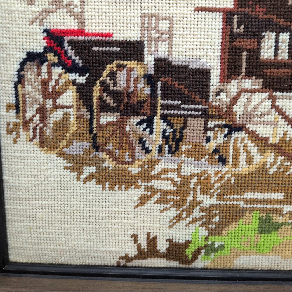 Vintage Grist Mill and Carriage Wagon Cottage Crewel Framed Needlepoint Art - Picture 2 of 6